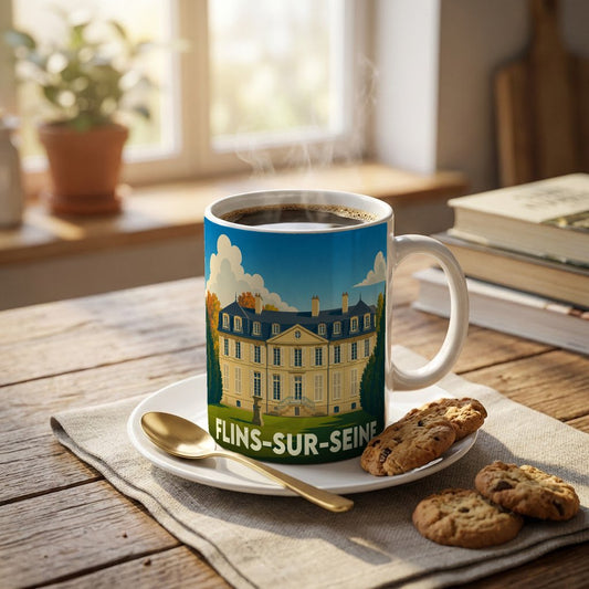 Mug souvenir de la ville de Flins-sur-Seine avec une illustration stylisée d'un château.