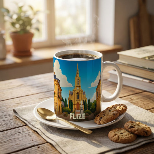 Mug souvenir de la ville de Flize orné d'une illustration stylisée de son église et de ses bâtiments.