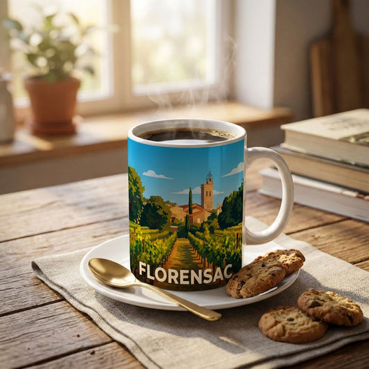 Mug souvenir de la ville de Florensac avec une illustration stylisée de ses vignes et de son clocher.