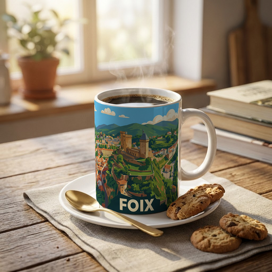 Mug souvenir de la ville de Foix avec une illustration stylisée de son château médiéval.