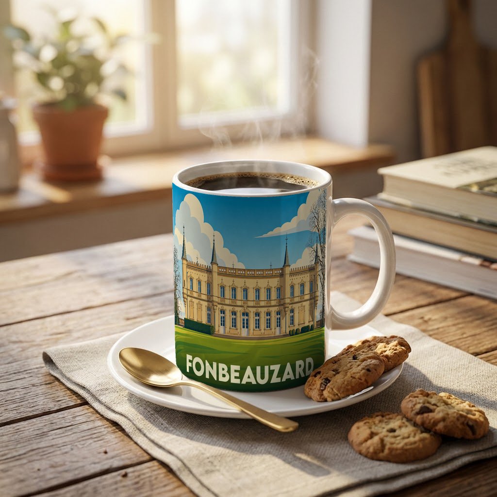 Mug souvenir de la ville de Fonbeauzard avec une illustration stylisée de son château.