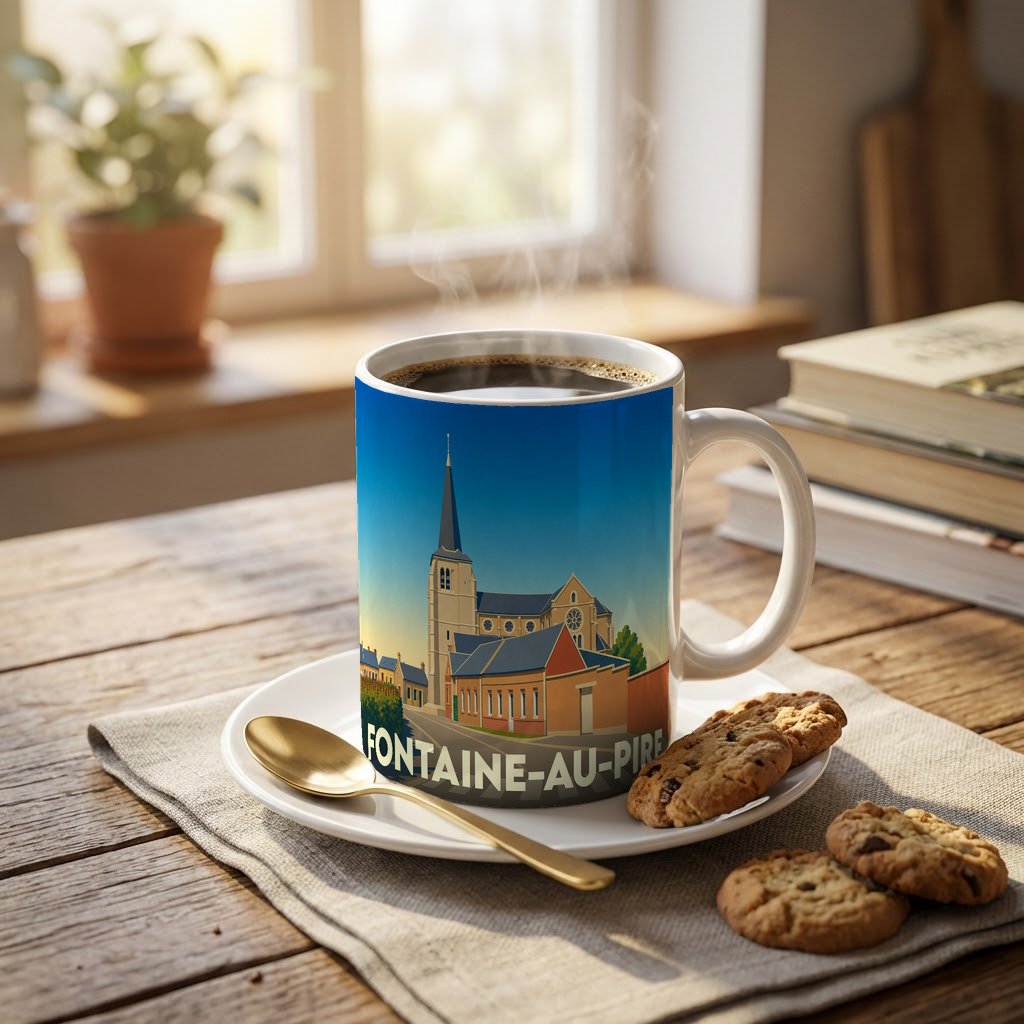 Mug souvenir de la ville de Fontaine-au-Pire orné d'une illustration stylisée de son église au coucher du soleil.