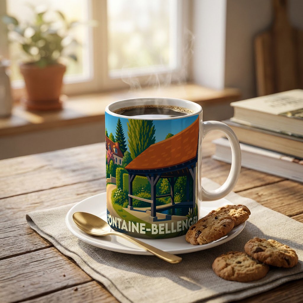 Mug souvenir de la ville de Fontaine-Bellenger illustré d'un lavoir traditionnel dans un style graphique coloré.