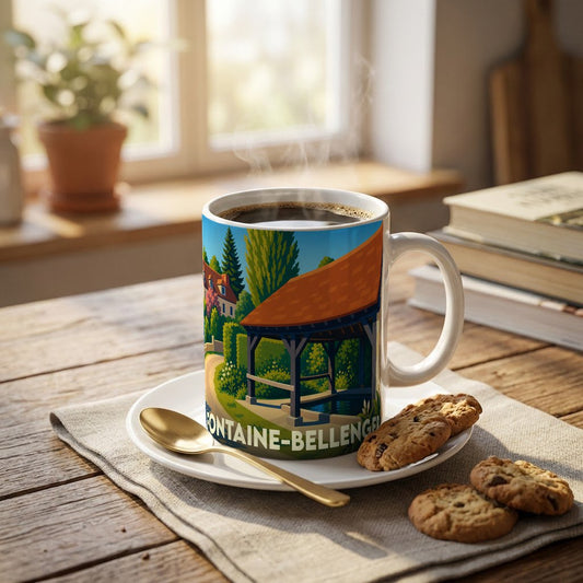 Mug souvenir de la ville de Fontaine-Bellenger illustré d'un lavoir traditionnel dans un style graphique coloré.
