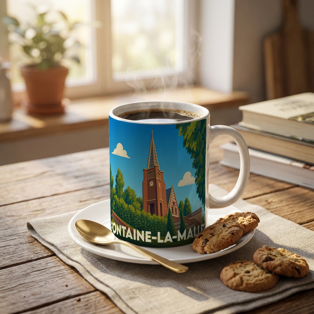 Mug souvenir de la ville de Fontaine-la-Mallet avec une illustration stylisée de son église.