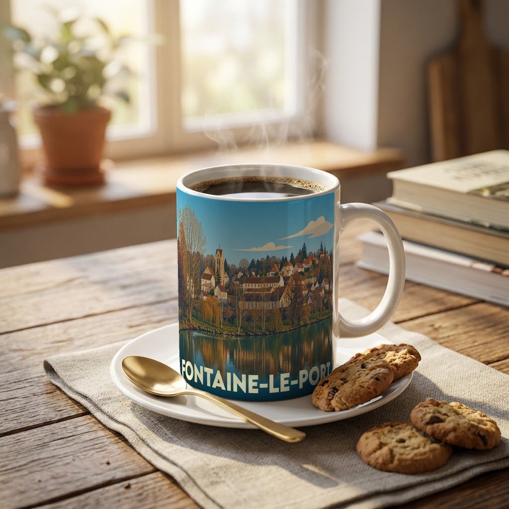 Mug souvenir de la ville de Fontaine-le-Port avec une illustration panoramique stylisée.