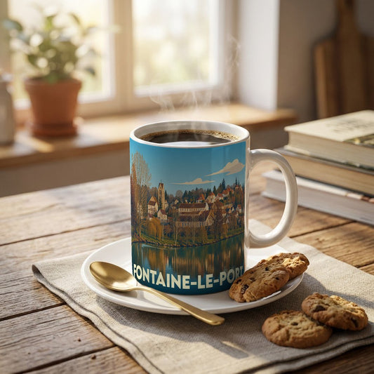 Mug souvenir de la ville de Fontaine-le-Port avec une illustration panoramique stylisée.