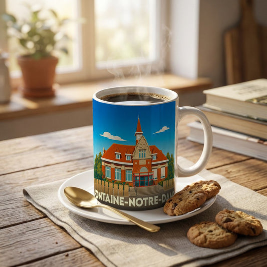 Mug souvenir de la ville de Fontaine-Notre-Dame avec une illustration colorée de sa mairie.
