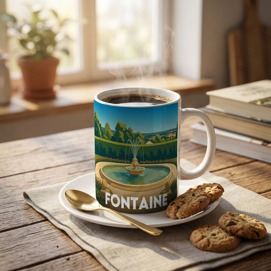 Mug souvenir de la ville de Fontaine avec une illustration stylisée d'un jardin.