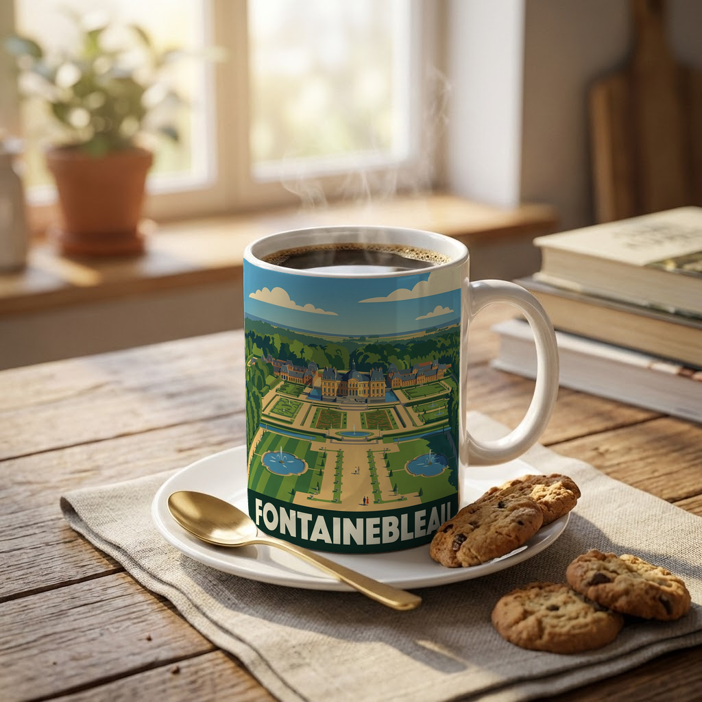 Mug souvenir de la ville de Fontainebleau avec une illustration stylisée de son château et de ses jardins.