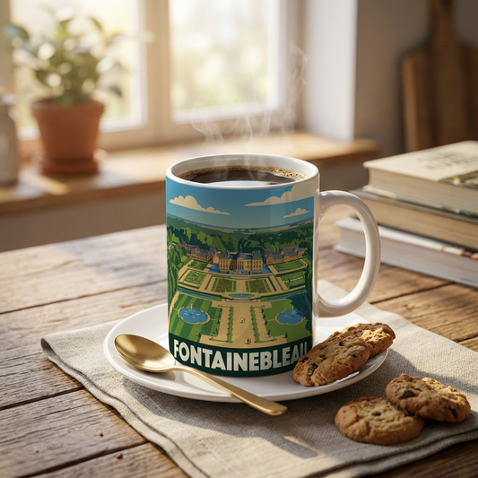 Mug souvenir de la ville de Fontainebleau avec une illustration stylisée de son château et de ses jardins.