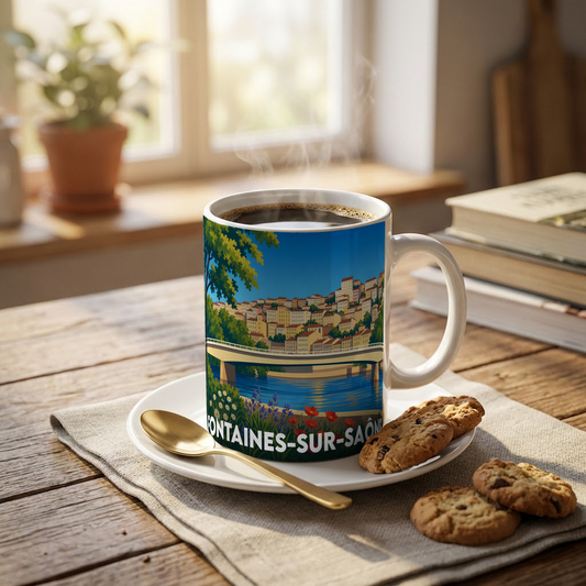 Mug souvenir de la ville de Fontaines-sur-Saône avec une illustration stylisée.