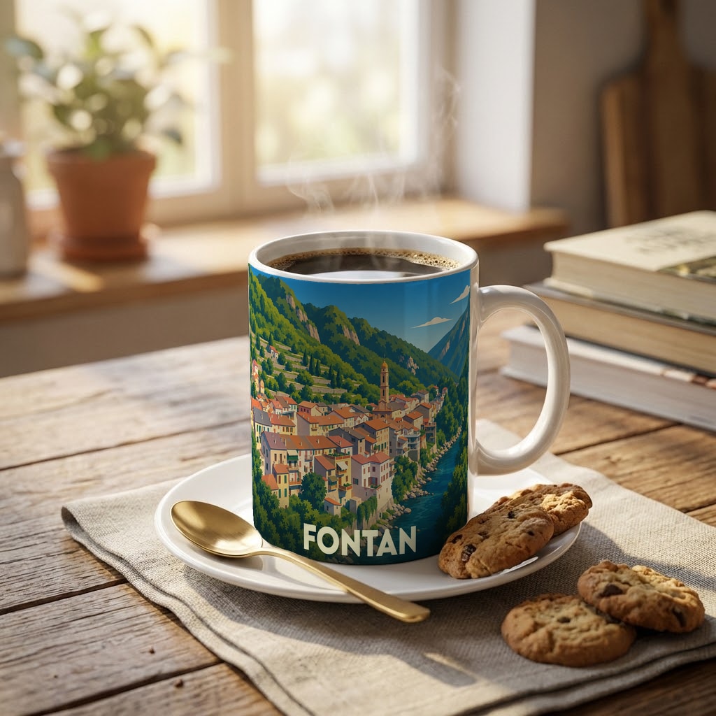 Mug souvenir de la ville de Fontan orné d'une illustration stylisée d'un village de montagne.