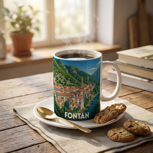 Mug souvenir de la ville de Fontan orné d'une illustration stylisée d'un village de montagne.