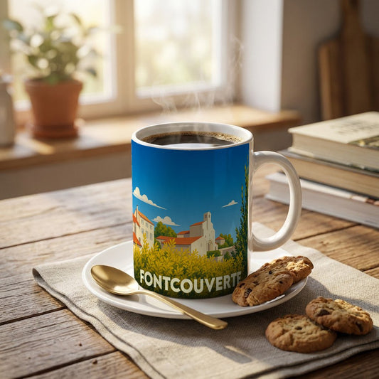 Mug souvenir de la ville de Fontcouverte orné d'une illustration stylisée du village et de son église.
