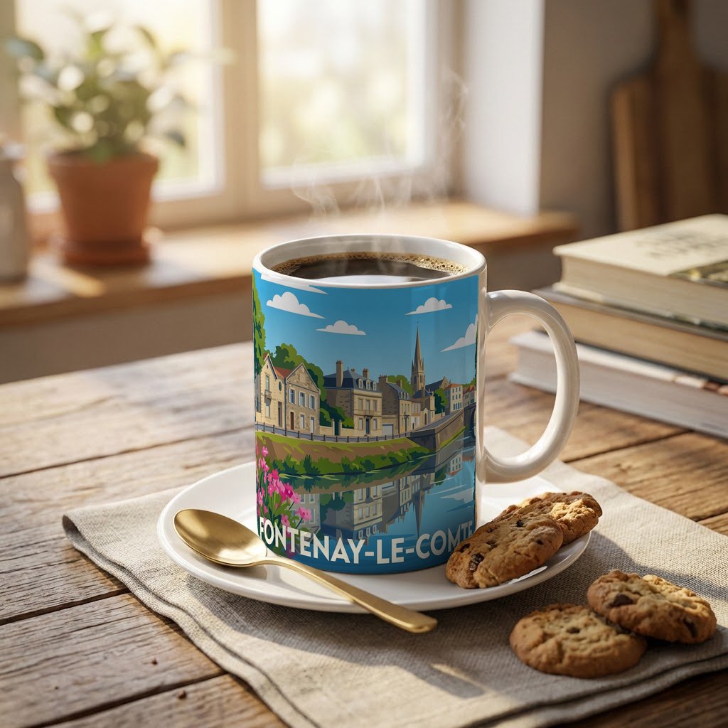 Mug souvenir de la ville de Fontenay-le-Comte avec une illustration stylisée.