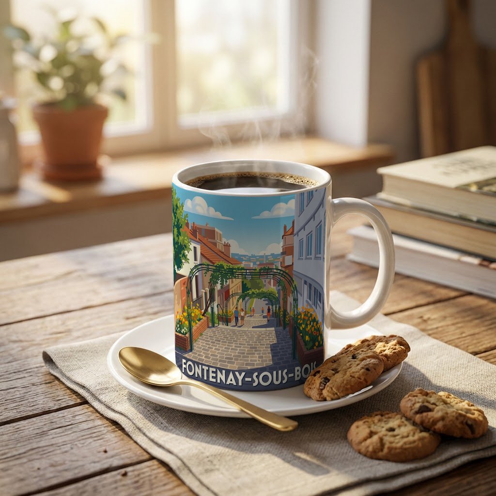 Mug souvenir de la ville de Fontenay-sous-Bois avec une illustration stylisée.
