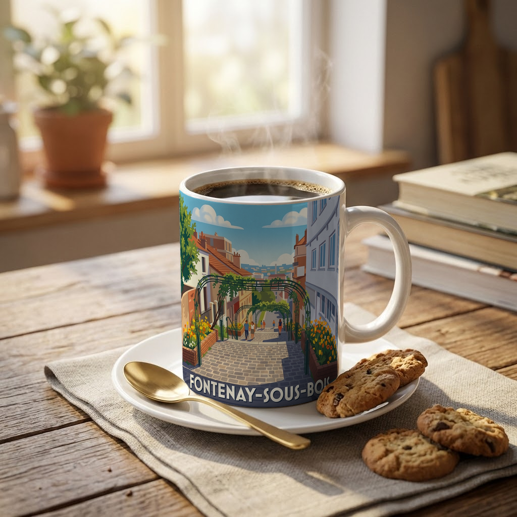 Mug souvenir de la ville de Fontenay-sous-Bois avec une illustration stylisée.