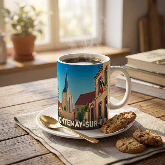 Mug souvenir de la ville de Fontenay-sur-Eure avec une illustration stylisée.