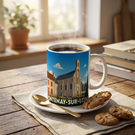 Mug souvenir de la ville de Fontenay-sur-Loing avec une illustration stylisée d'une église sous un ciel bleu.
