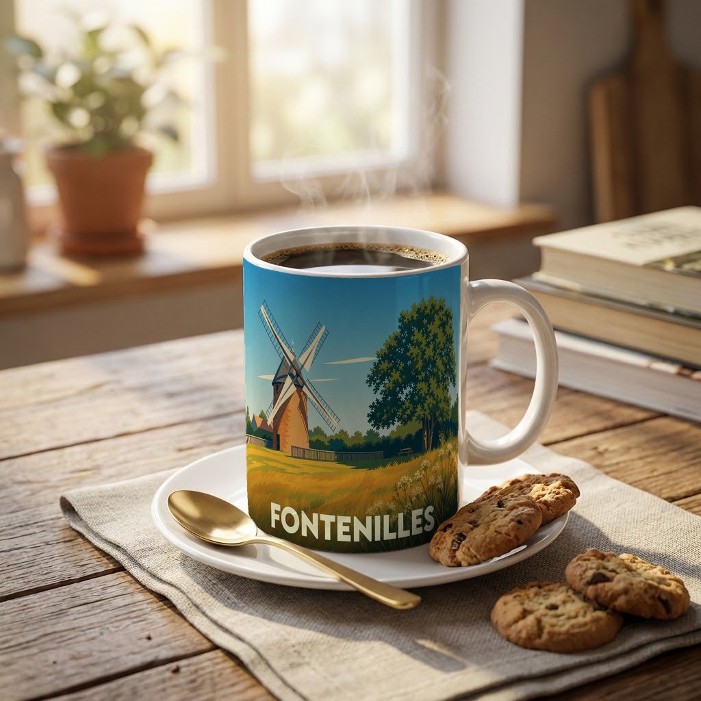 Mug souvenir de la ville de Fontenilles avec une illustration stylisée d'un moulin.