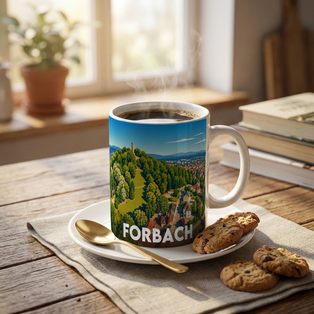 Mug souvenir de la ville de Forbach avec une illustration stylisée.