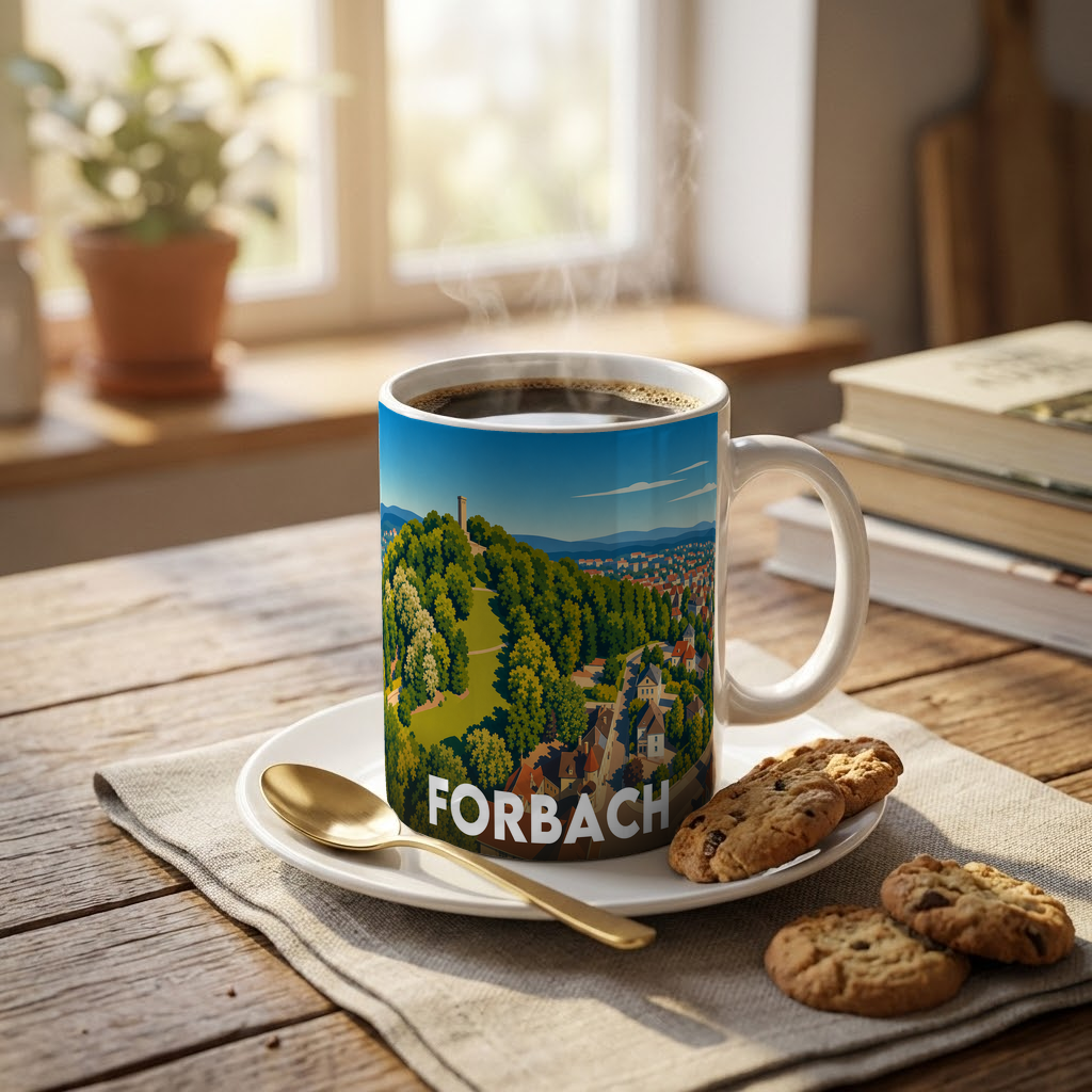 Mug souvenir de la ville de Forbach avec une illustration stylisée.