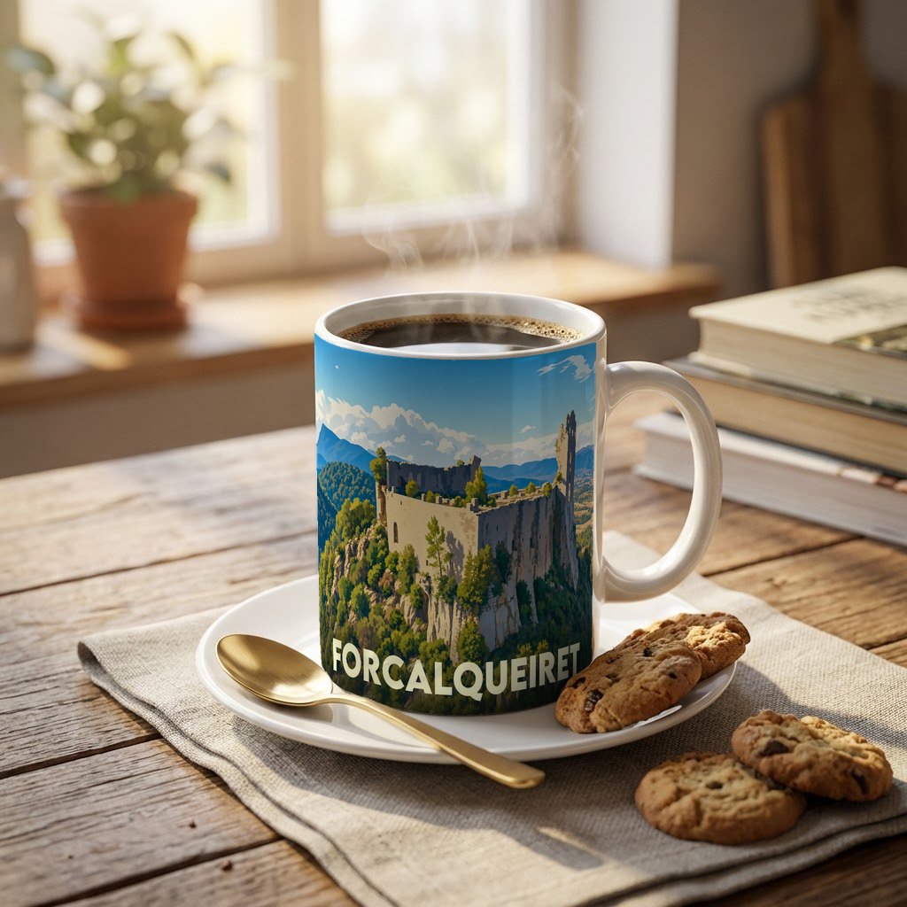 Mug souvenir de la ville de Forcalqueiret orné d'une illustration stylisée de son château médiéval.