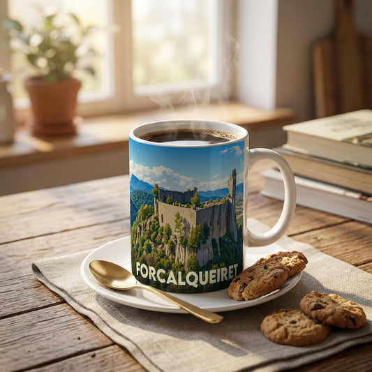 Mug souvenir de la ville de Forcalqueiret orné d'une illustration stylisée de son château médiéval.