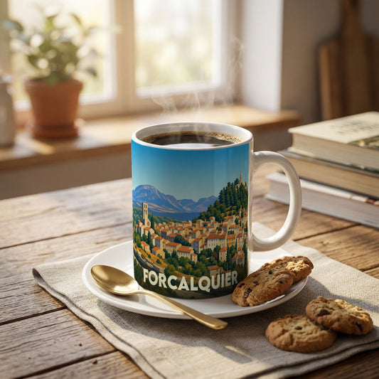 Mug souvenir de la ville de Forcalquier orné d'une illustration panoramique colorée.