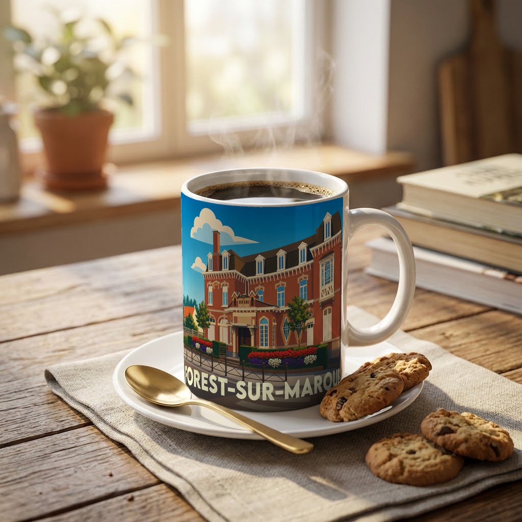 Mug souvenir de la ville de Forest-sur-Marque avec une illustration stylisée d'un bâtiment historique.