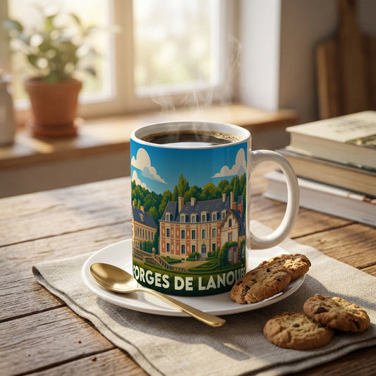 Mug souvenir de la ville de Forges de Lanouée illustré par un manoir coloré dans un cadre verdoyant.