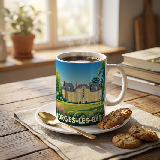 Mug souvenir de la ville de Forges-les-Bains avec une illustration stylisée de son château.