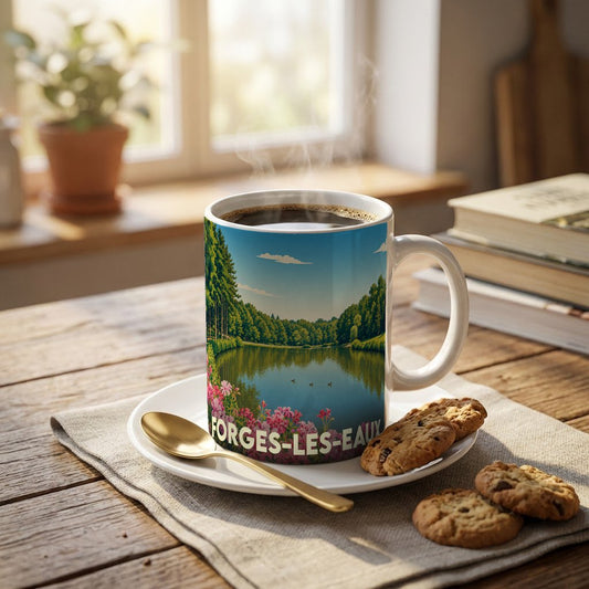 Mug souvenir de la ville de Forges-les-Eaux illustré d'un paysage de lac paisible.