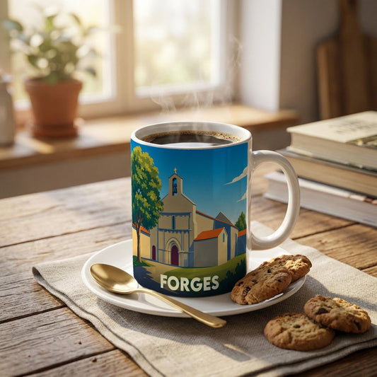 Mug souvenir de la ville de Forges avec une illustration stylisée de son église.