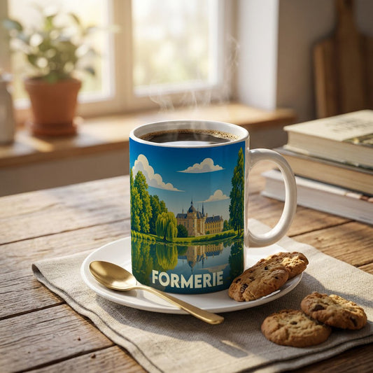 Mug souvenir de la ville de Formerie orné d'une illustration stylisée d'un château se reflétant dans l'eau.