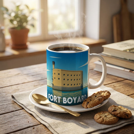 Mug souvenir de Fort Boyard avec une illustration stylisée.