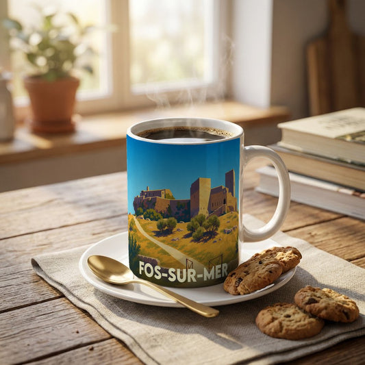 Mug souvenir de la ville de Fos-sur-Mer avec une illustration stylisée d'un château médiéval.
