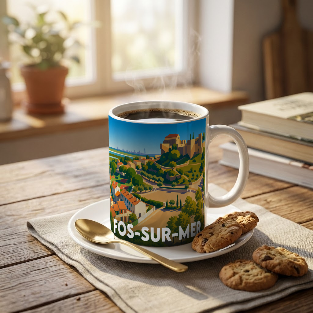 Mug souvenir de la ville de Fos-sur-Mer avec une illustration stylisée.