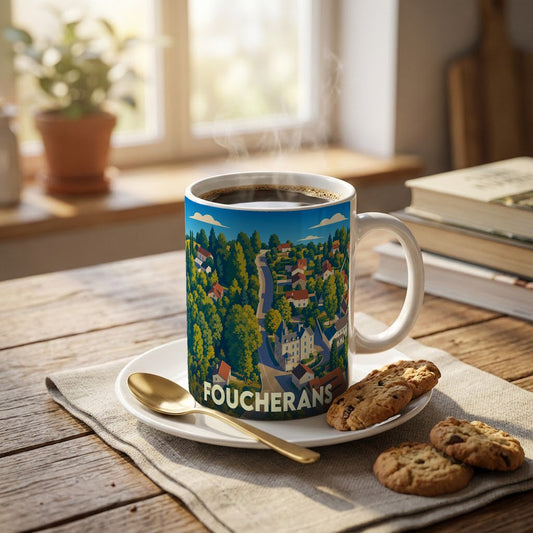 Mug souvenir de la ville de Foucherans avec une illustration paysagère stylisée.