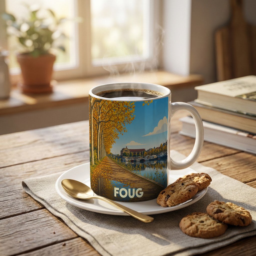 Mug souvenir de la ville de Foug avec une illustration stylisée d'un canal en automne.