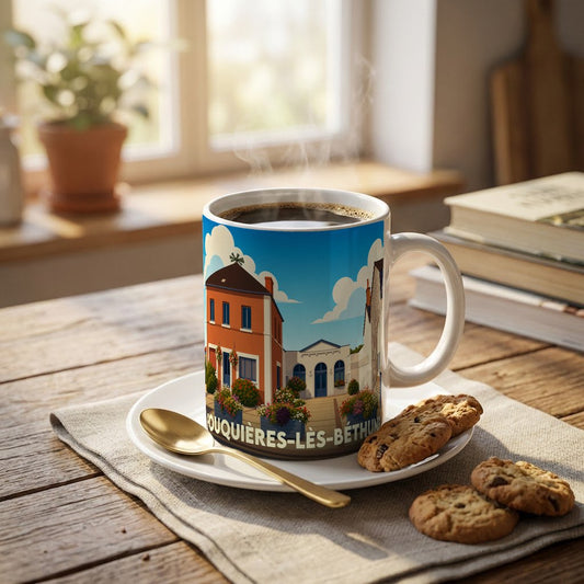 Mug souvenir de la ville de Fouquières-lès-Béthune orné d'une illustration stylisée de ses bâtiments.