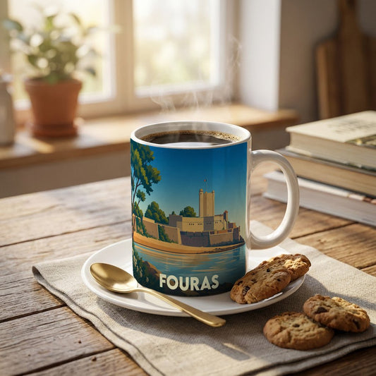 Mug souvenir de la ville de Fouras avec une illustration stylisée du Fort Vauban.