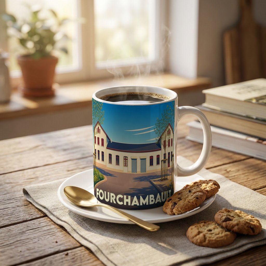 Mug souvenir de la ville de Fourchambault avec une illustration stylisée d'un bâtiment local.