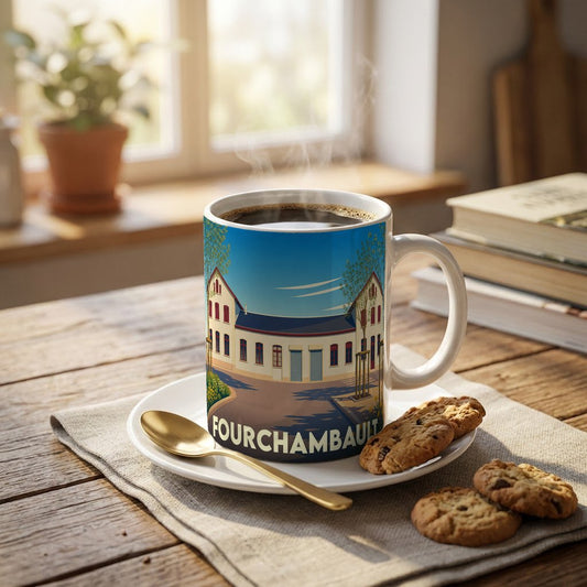 Mug souvenir de la ville de Fourchambault avec une illustration stylisée d'un bâtiment local.
