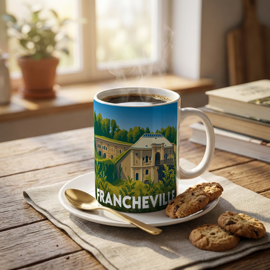 Mug souvenir de la ville de Francheville avec une illustration stylisée.