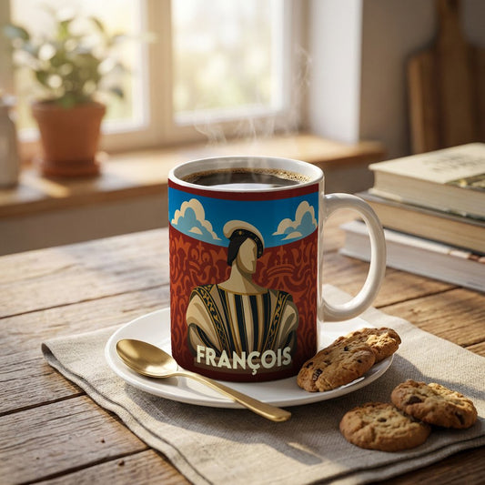 Mug souvenir de la ville de François avec une illustration stylisée d'un personnage historique.