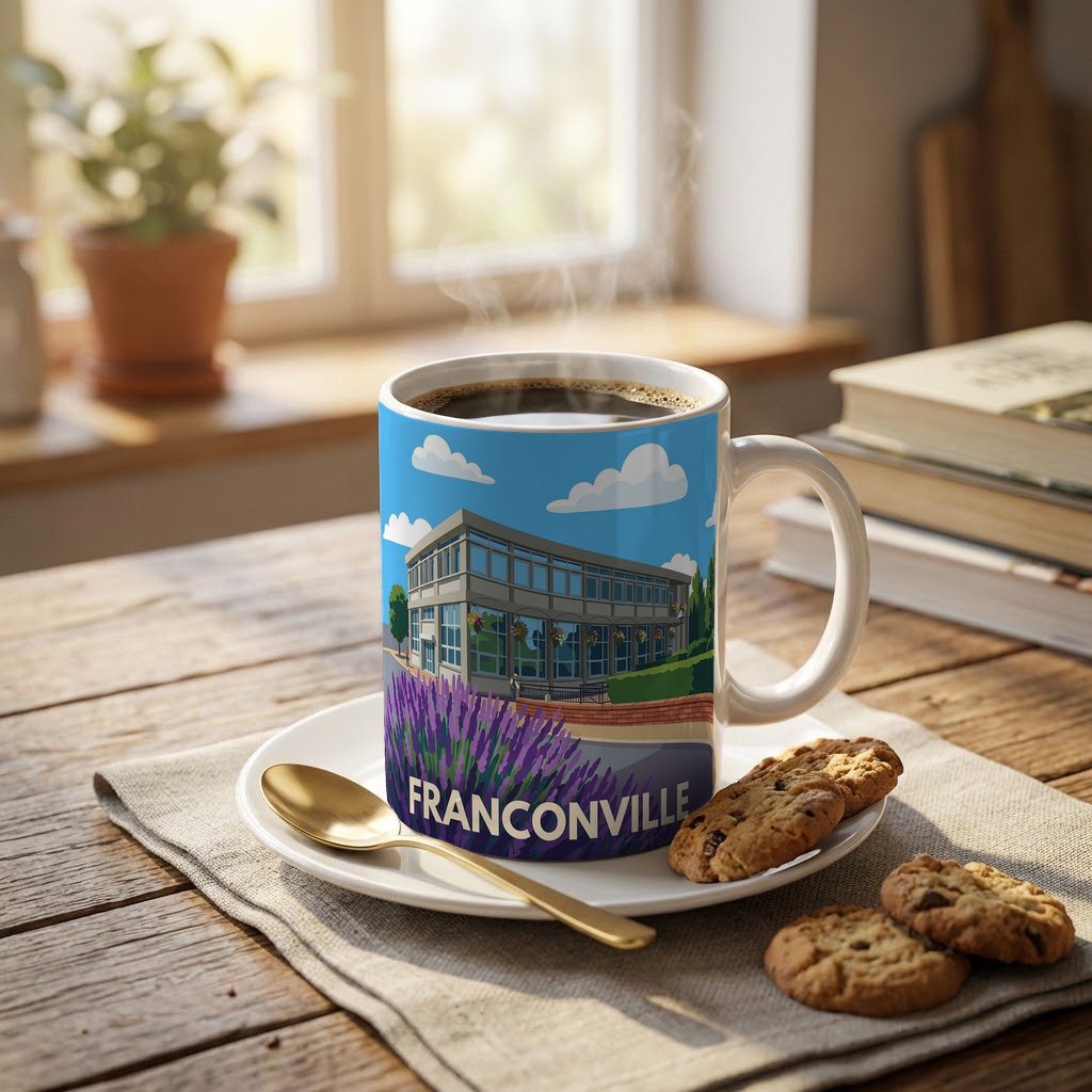 Mug souvenir de la ville de Franconville avec une illustration stylisée.