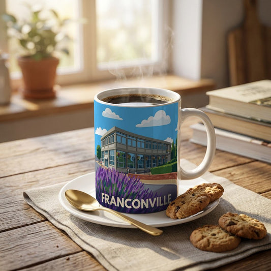 Mug souvenir de la ville de Franconville avec une illustration stylisée.