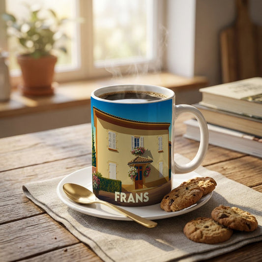 Mug souvenir de la ville de Frans avec une illustration stylisée d'une maison fleurie.